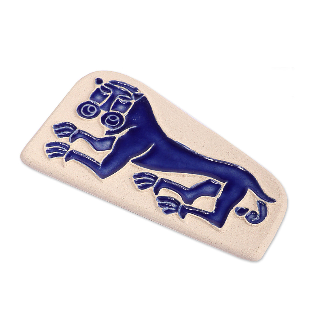Traditional Lion of Geghard Glazed Ceramic Magnet in Blue - Blue Valiant