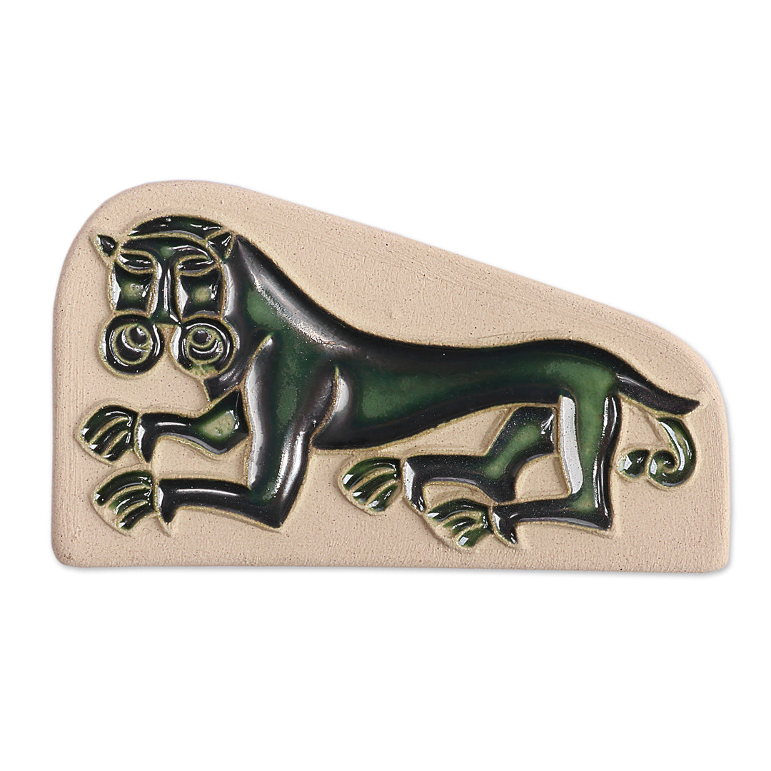 Folk Art Lion of Geghard Glazed Ceramic Magnet in Green Hues - Green Valiant