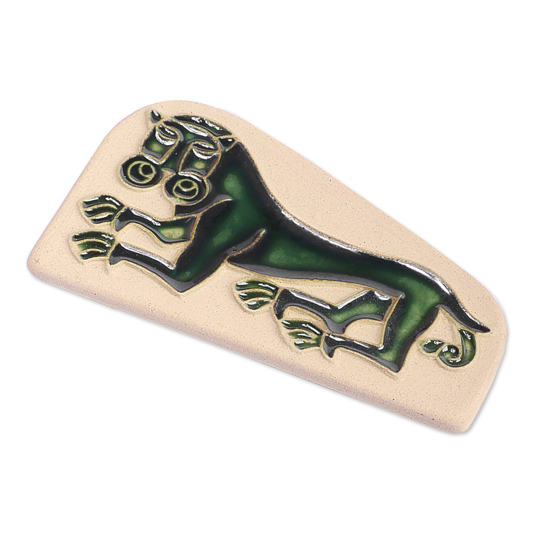 Folk Art Lion of Geghard Glazed Ceramic Magnet in Green Hues - Green Valiant