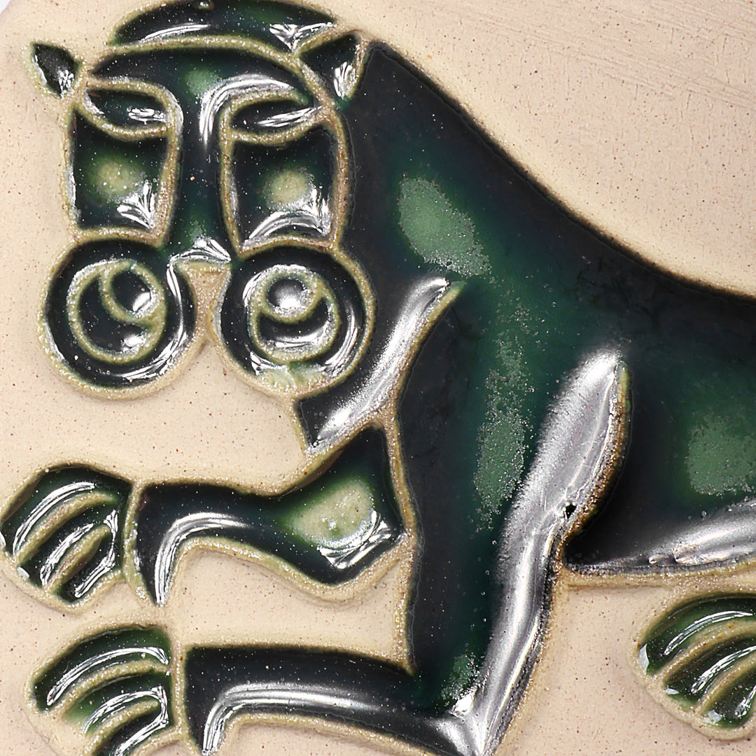 Folk Art Lion of Geghard Glazed Ceramic Magnet in Green Hues - Green Valiant