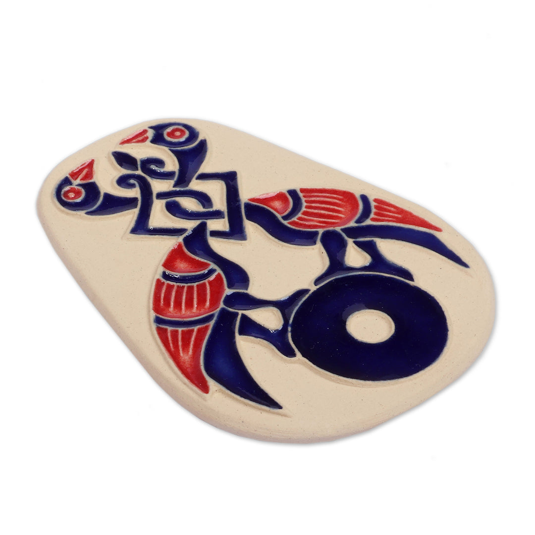 Hand-Painted Ivory Blue Armenian Freedom Bird Ceramic Magnet - Blue Freedom
