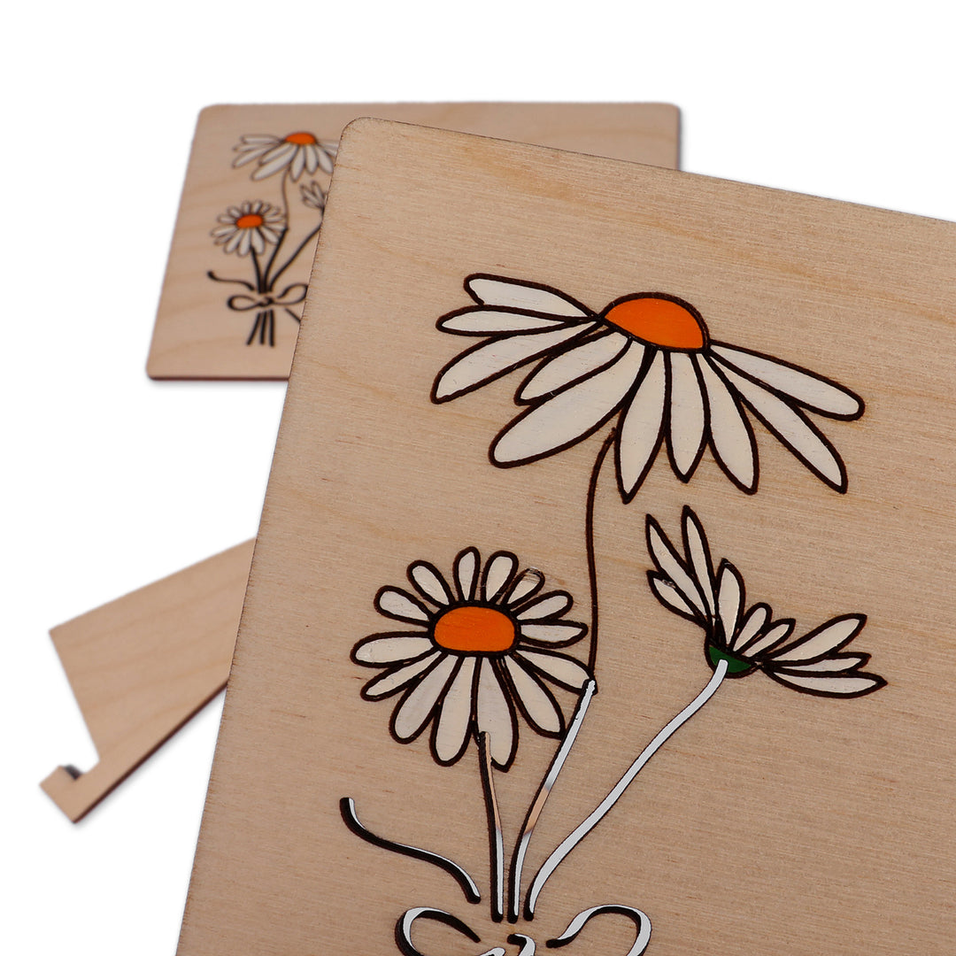 Daisy-Themed Hand-Carved Wood Congratulations Postcard Pair - Congratulation Bloom
