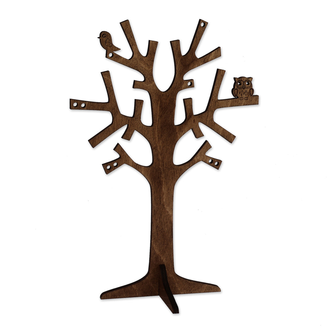 Hand-Carved Nature-Themed Dark Brown Wood Tree Jewelry Stand - Tree of Treasure