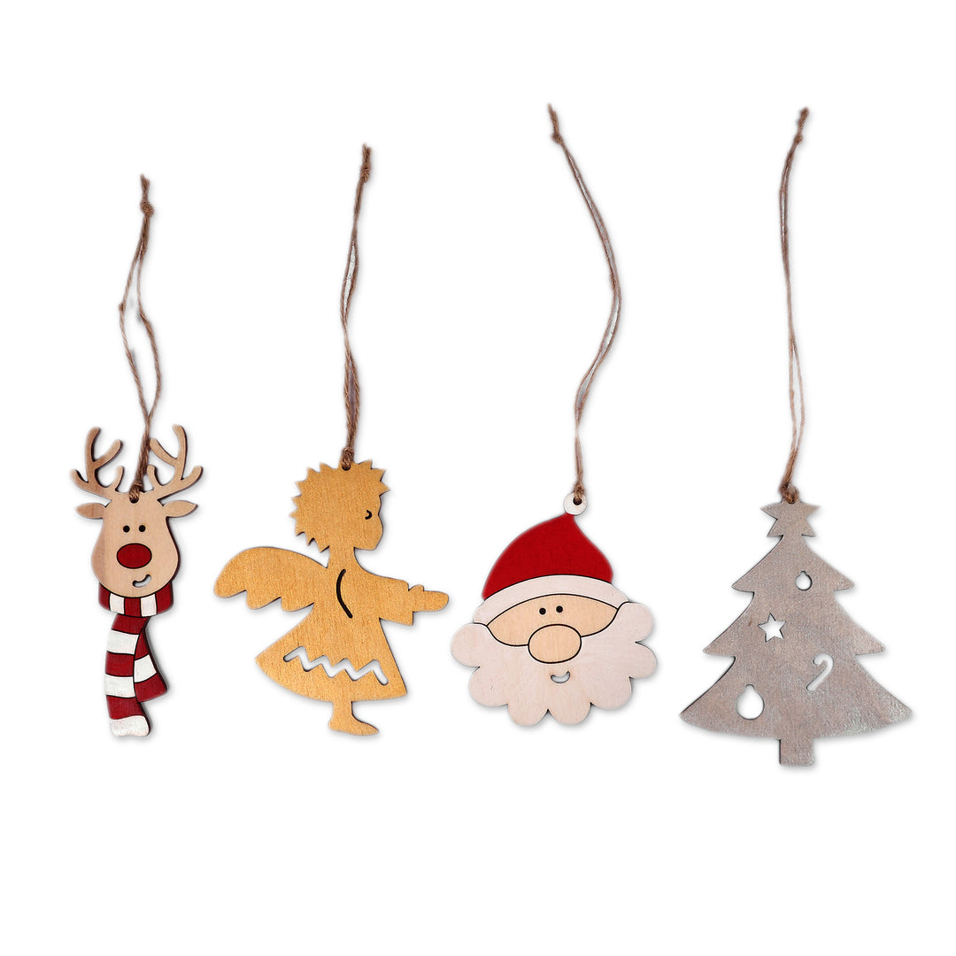 4 Santa Reindeer Tree and Angel-Themed Wooden Ornaments - Spirit of Christmas