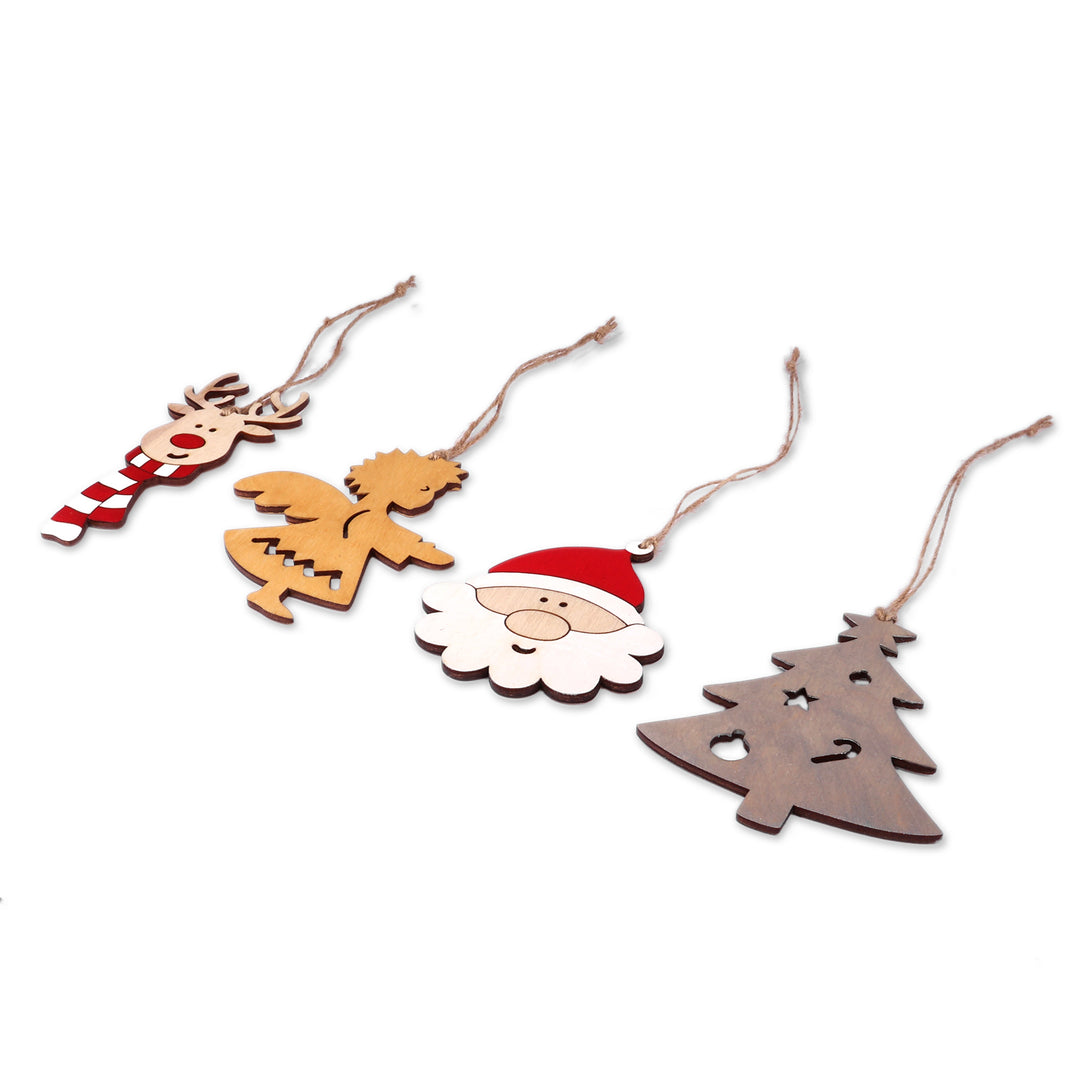 4 Santa Reindeer Tree and Angel-Themed Wooden Ornaments - Spirit of Christmas