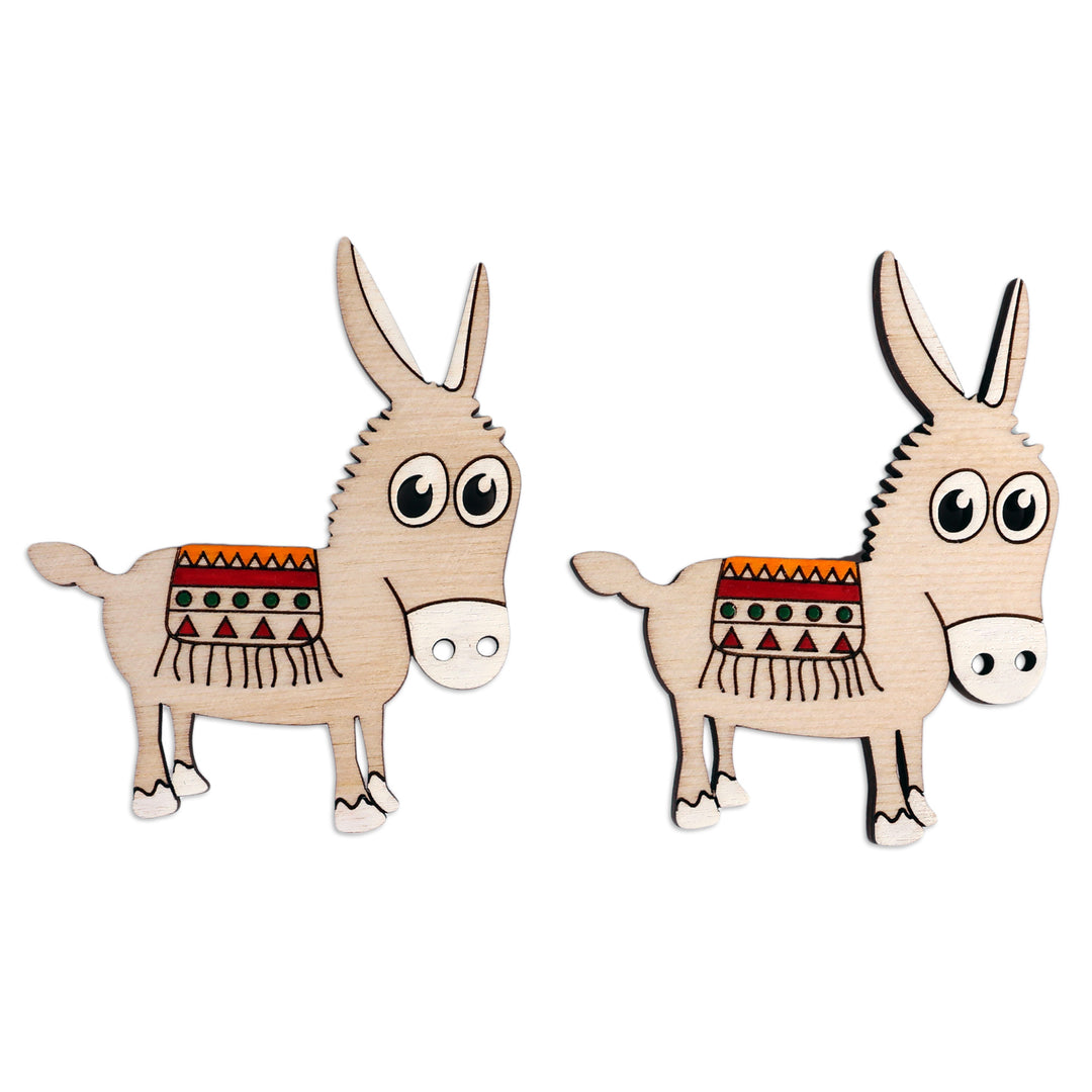 Whimsical Hand-Painted Wood Donkey Magnet Pair from Armenia - Donkey Gathering