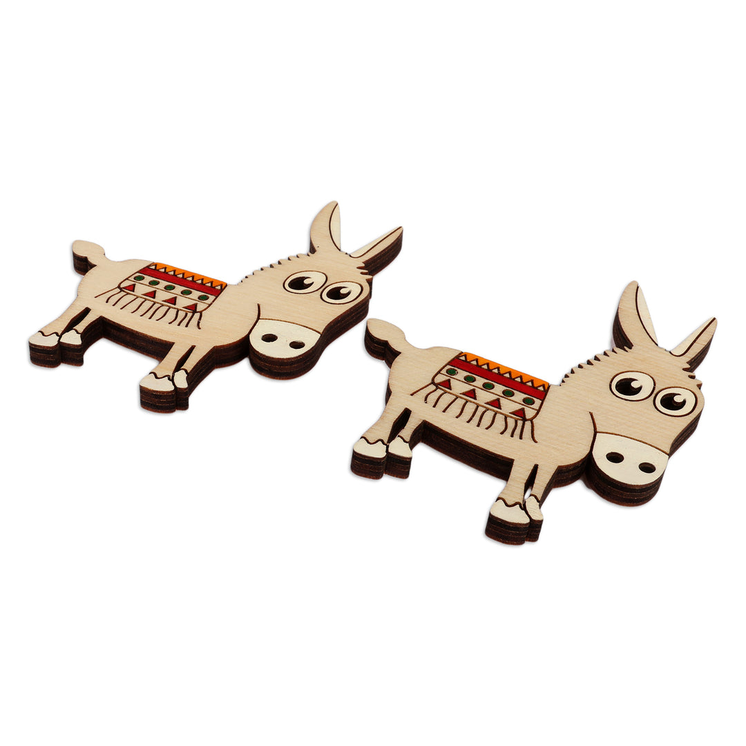 Whimsical Hand-Painted Wood Donkey Magnet Pair from Armenia - Donkey Gathering