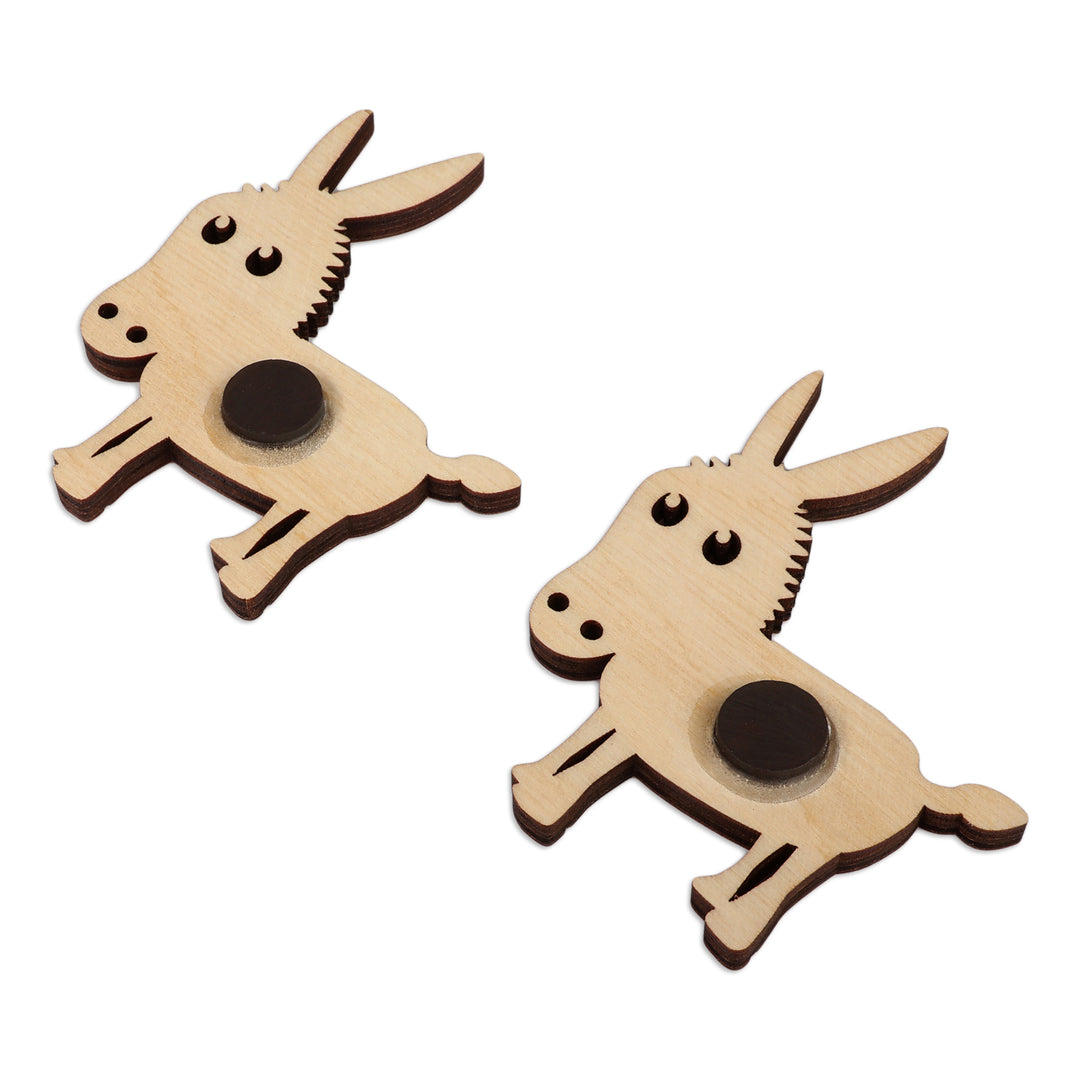 Whimsical Hand-Painted Wood Donkey Magnet Pair from Armenia - Donkey Gathering