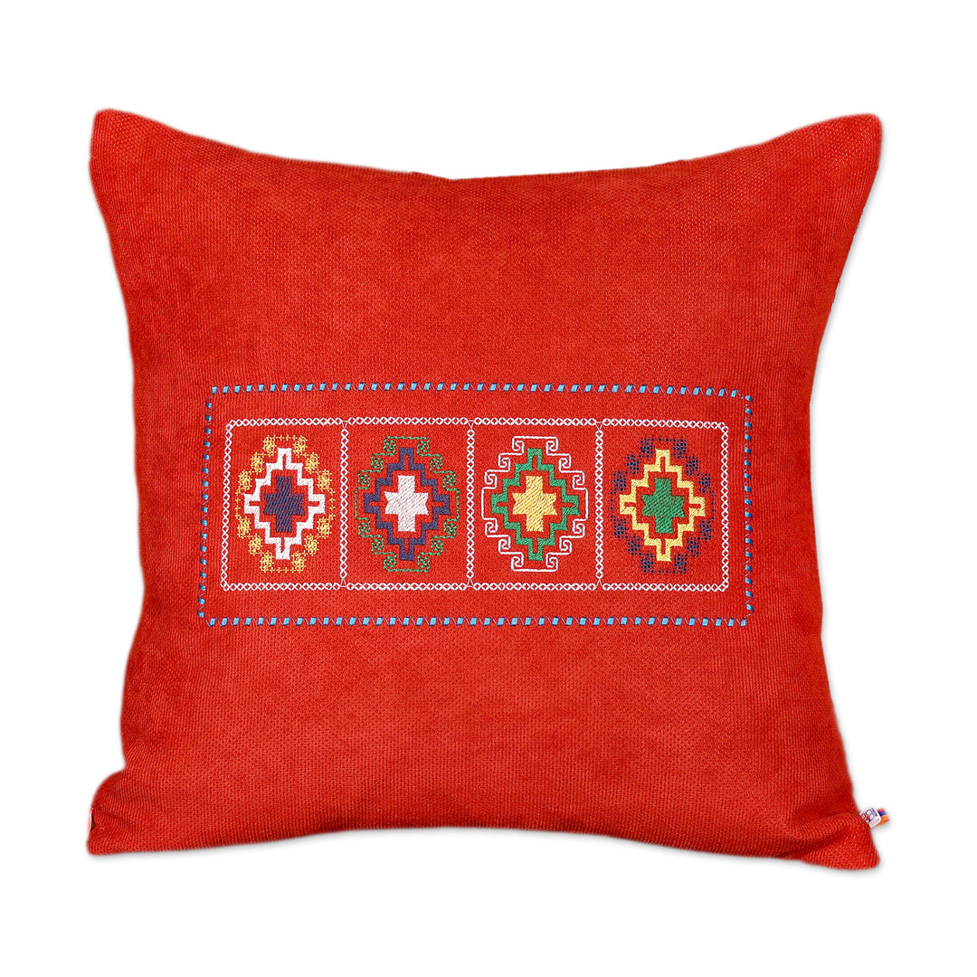 Cross-Patterned Embroidered Acrylic Zippered Cushion Cover - Seasons in Red