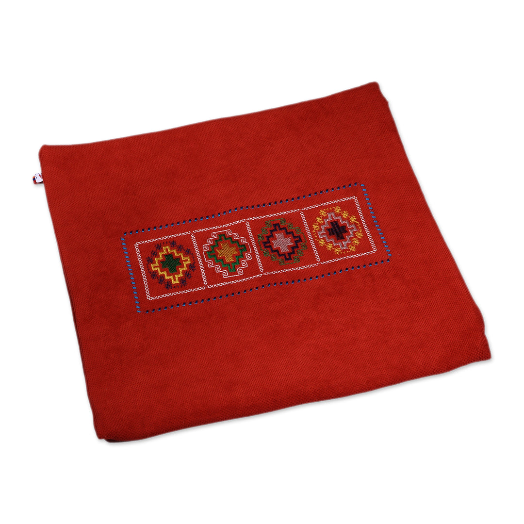 Cross-Patterned Embroidered Acrylic Zippered Cushion Cover - Seasons in Red