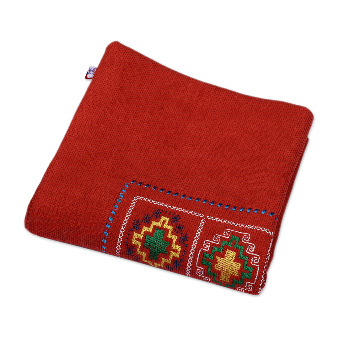Cross-Patterned Embroidered Acrylic Zippered Cushion Cover - Seasons in Red