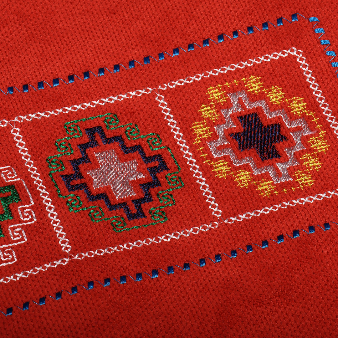 Cross-Patterned Embroidered Acrylic Zippered Cushion Cover - Seasons in Red