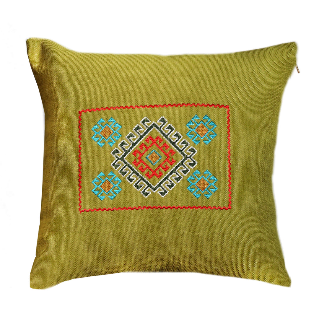 Classic Armenian Embroidered Acrylic Cushion Cover in Green - Prosperous Heritage