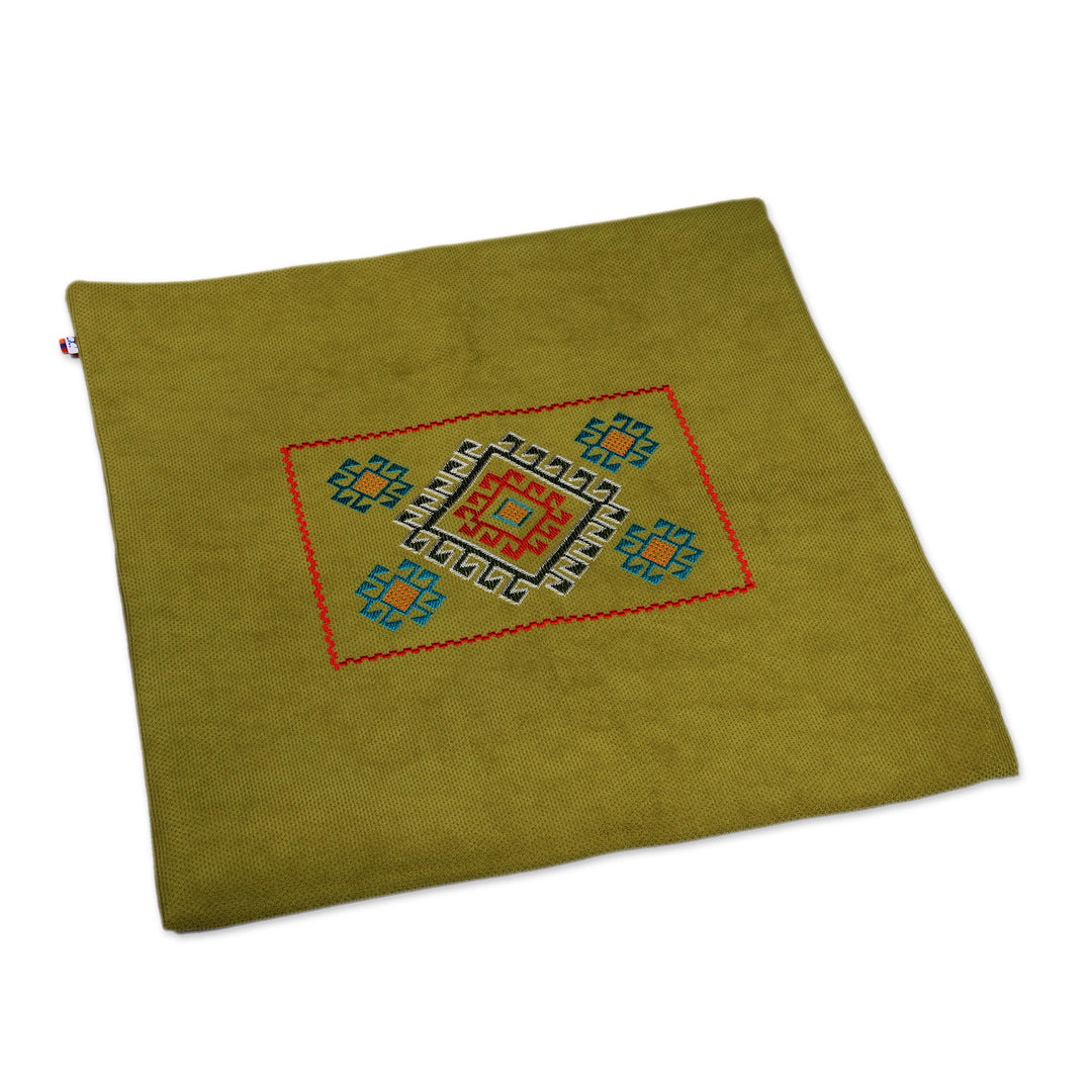 Classic Armenian Embroidered Acrylic Cushion Cover in Green - Prosperous Heritage