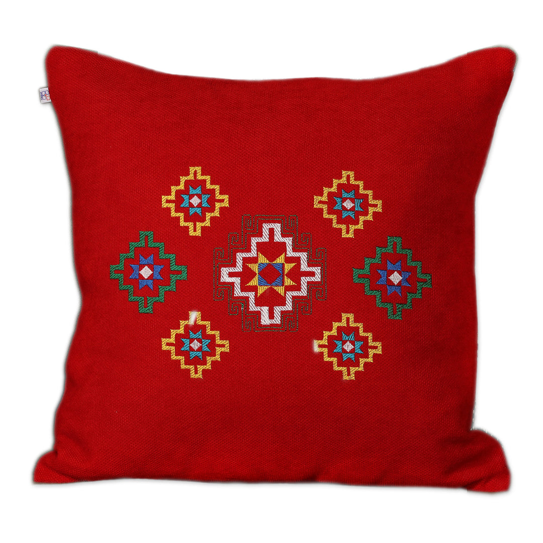 Embroidered Star-Patterned Acrylic Cushion Cover in Red - Armenian Sky in Red
