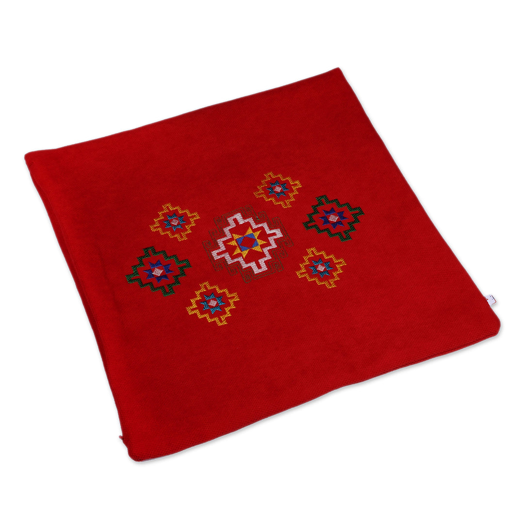 Embroidered Star-Patterned Acrylic Cushion Cover in Red - Armenian Sky in Red