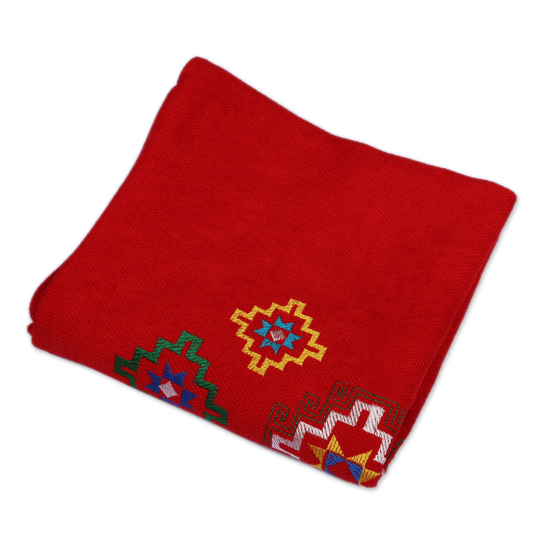 Embroidered Star-Patterned Acrylic Cushion Cover in Red - Armenian Sky in Red