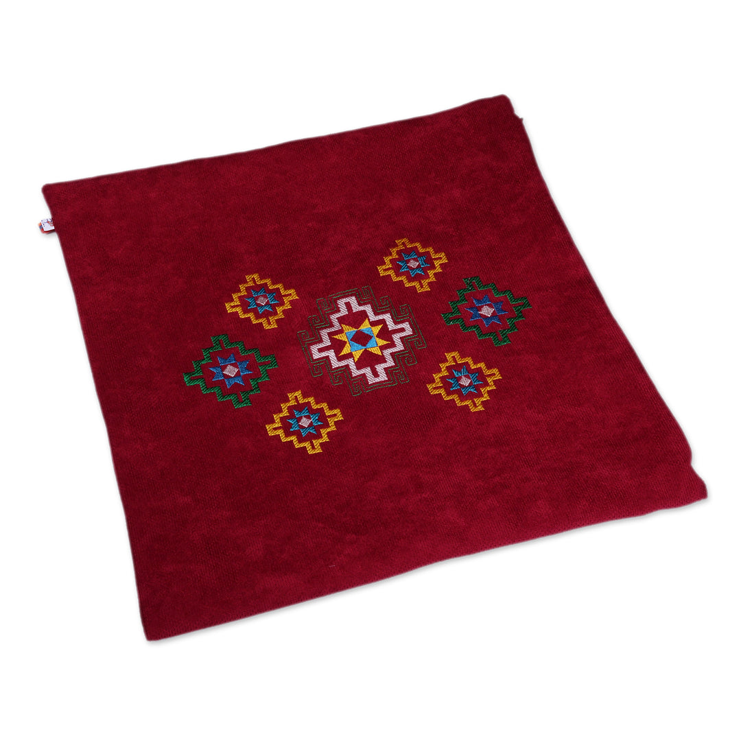 Star-Themed Embroidered Acrylic Cushion Cover in a Wine Hue - Armenian Sky in Wine