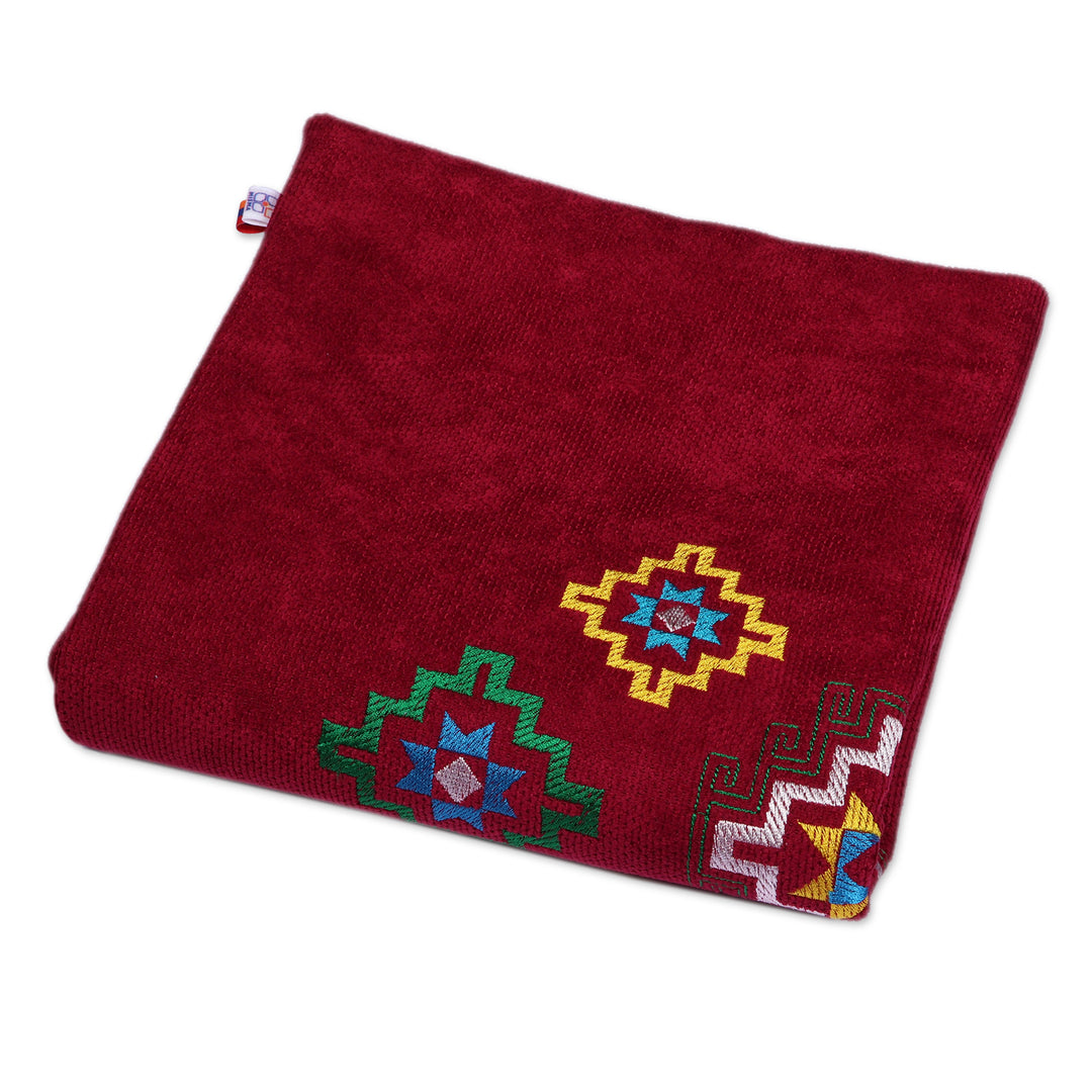 Star-Themed Embroidered Acrylic Cushion Cover in a Wine Hue - Armenian Sky in Wine