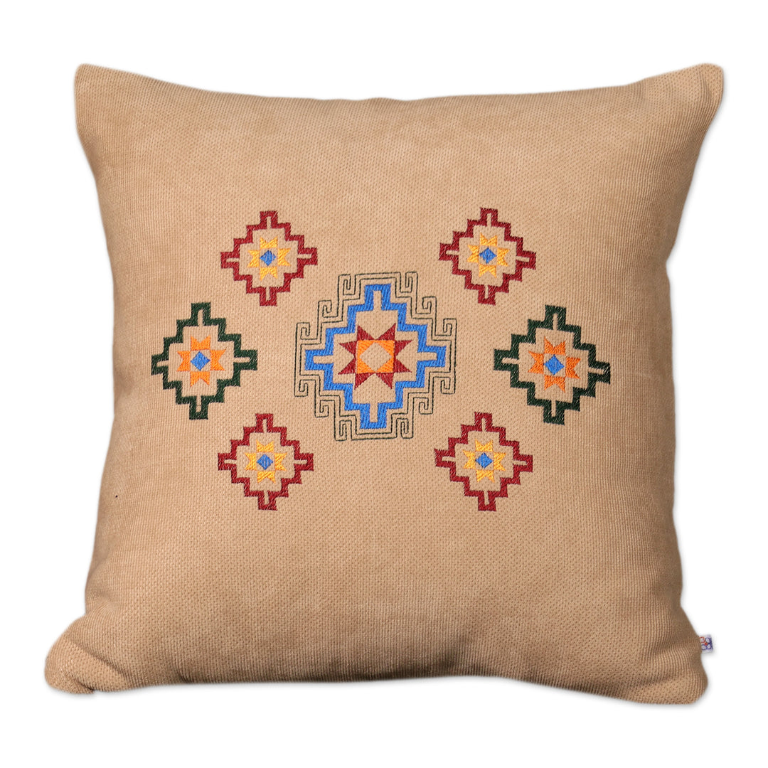 Artisan-Made Star Embroidered Acrylic Cushion Cover in Beige - Armenian Sky in Beige