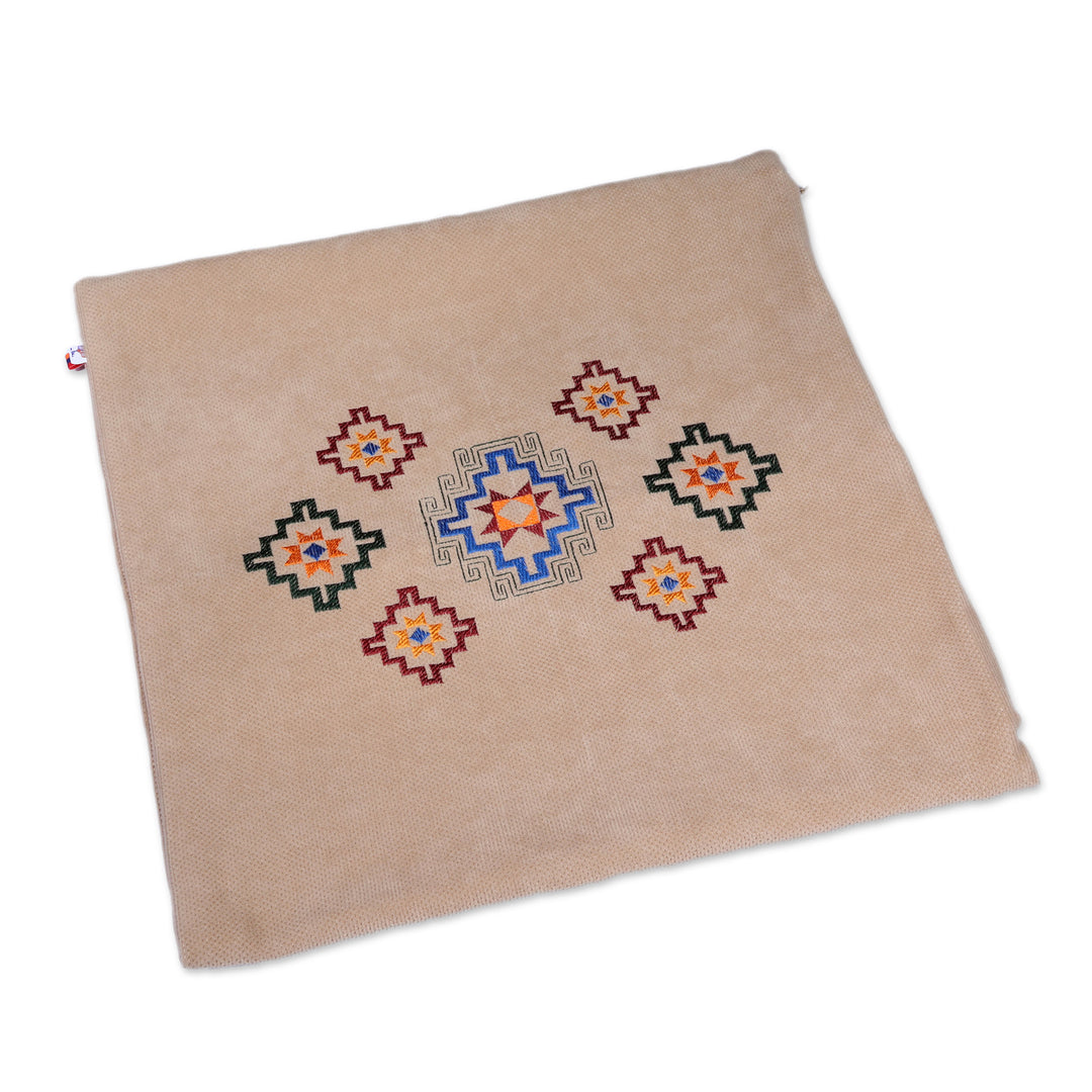 Artisan-Made Star Embroidered Acrylic Cushion Cover in Beige - Armenian Sky in Beige