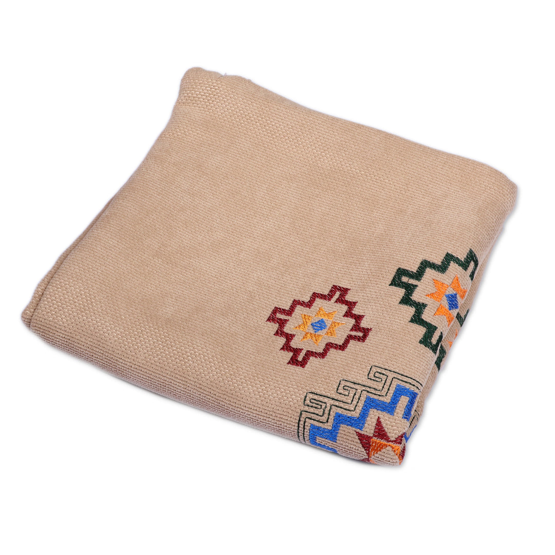 Artisan-Made Star Embroidered Acrylic Cushion Cover in Beige - Armenian Sky in Beige