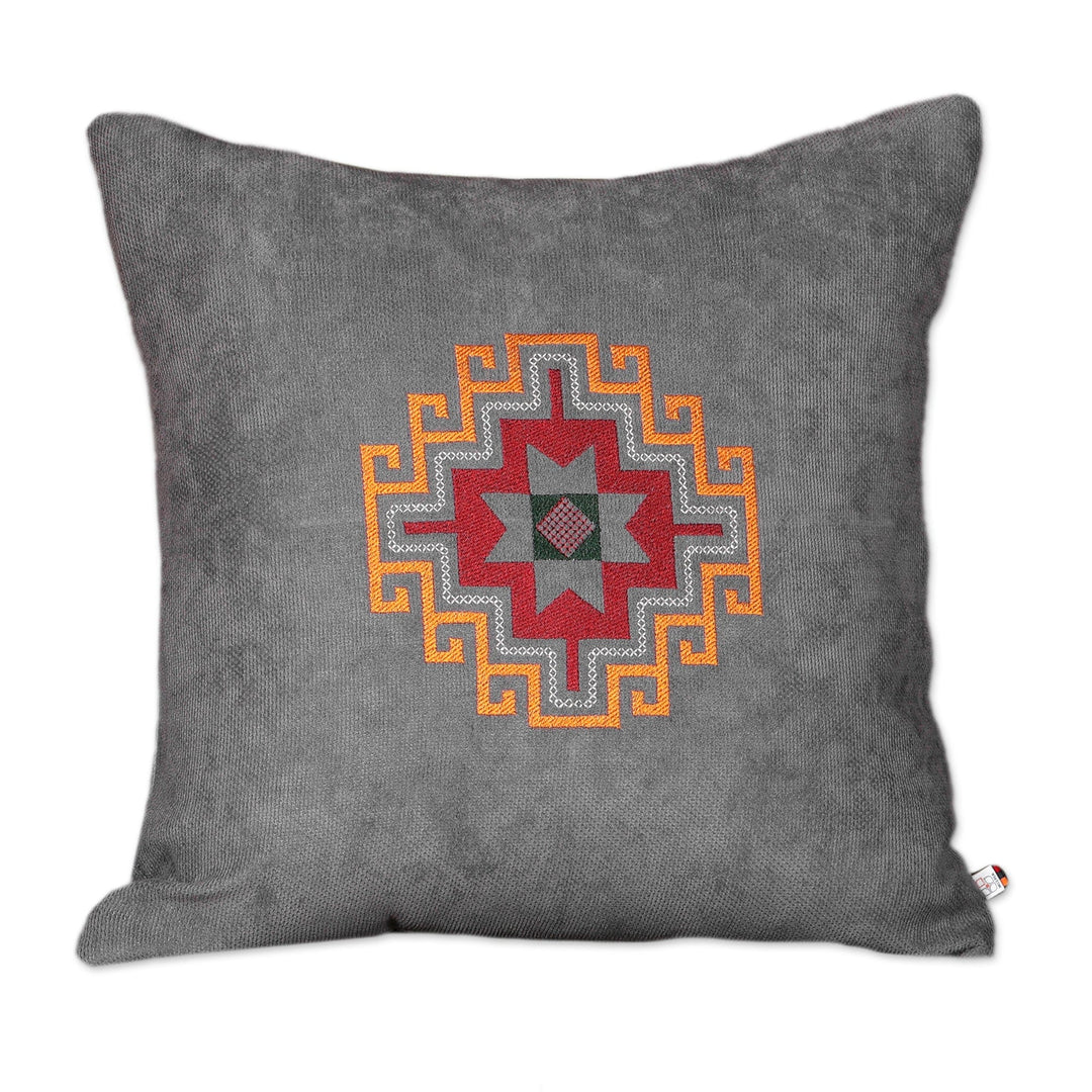 Cross-Themed Handmade Embroidered Grey Acrylic Cushion Cover - Sacred Grey