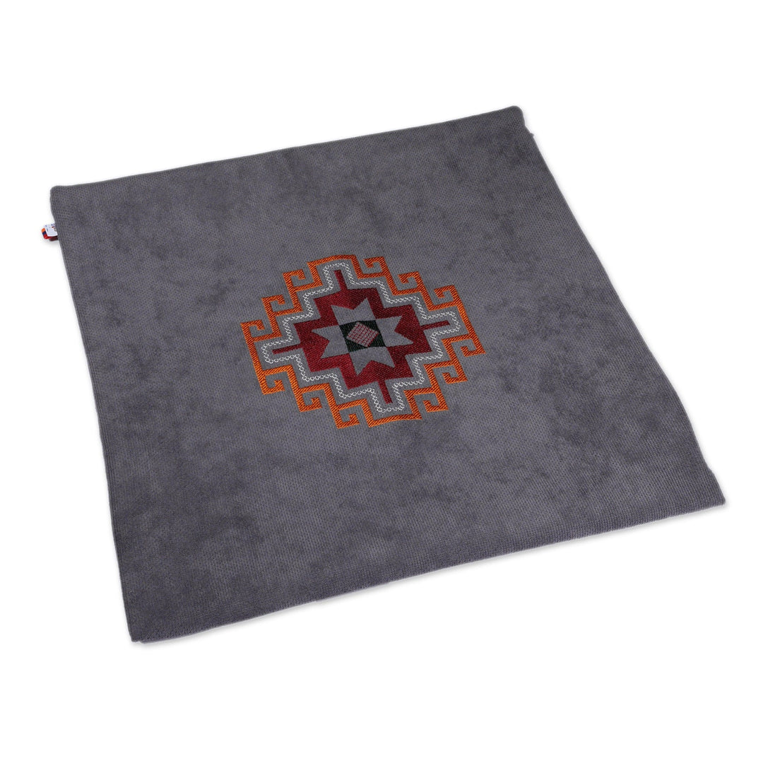 Cross-Themed Handmade Embroidered Grey Acrylic Cushion Cover - Sacred Grey