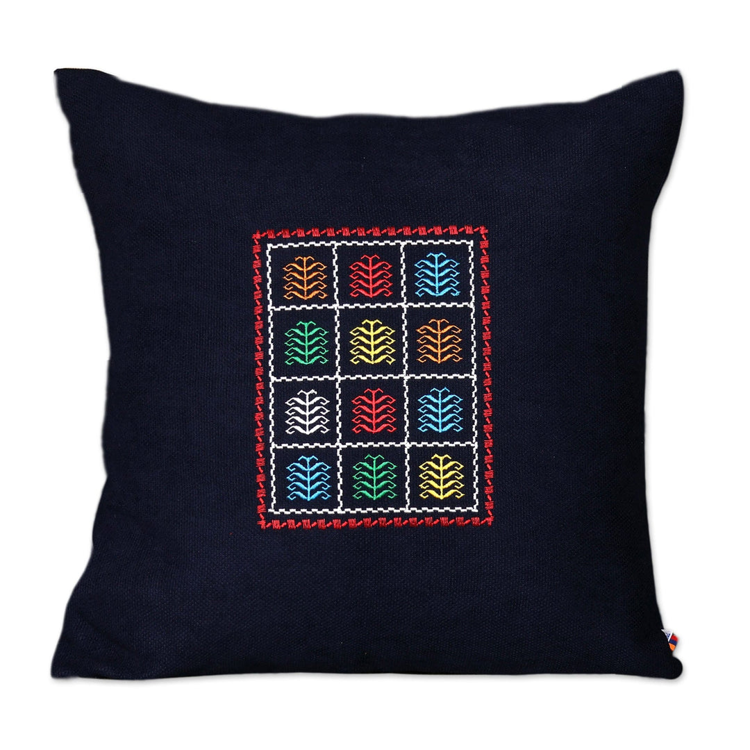 Tree-Themed Embroidered Acrylic Cushion Cover in Navy Blue - Mosaic Forest