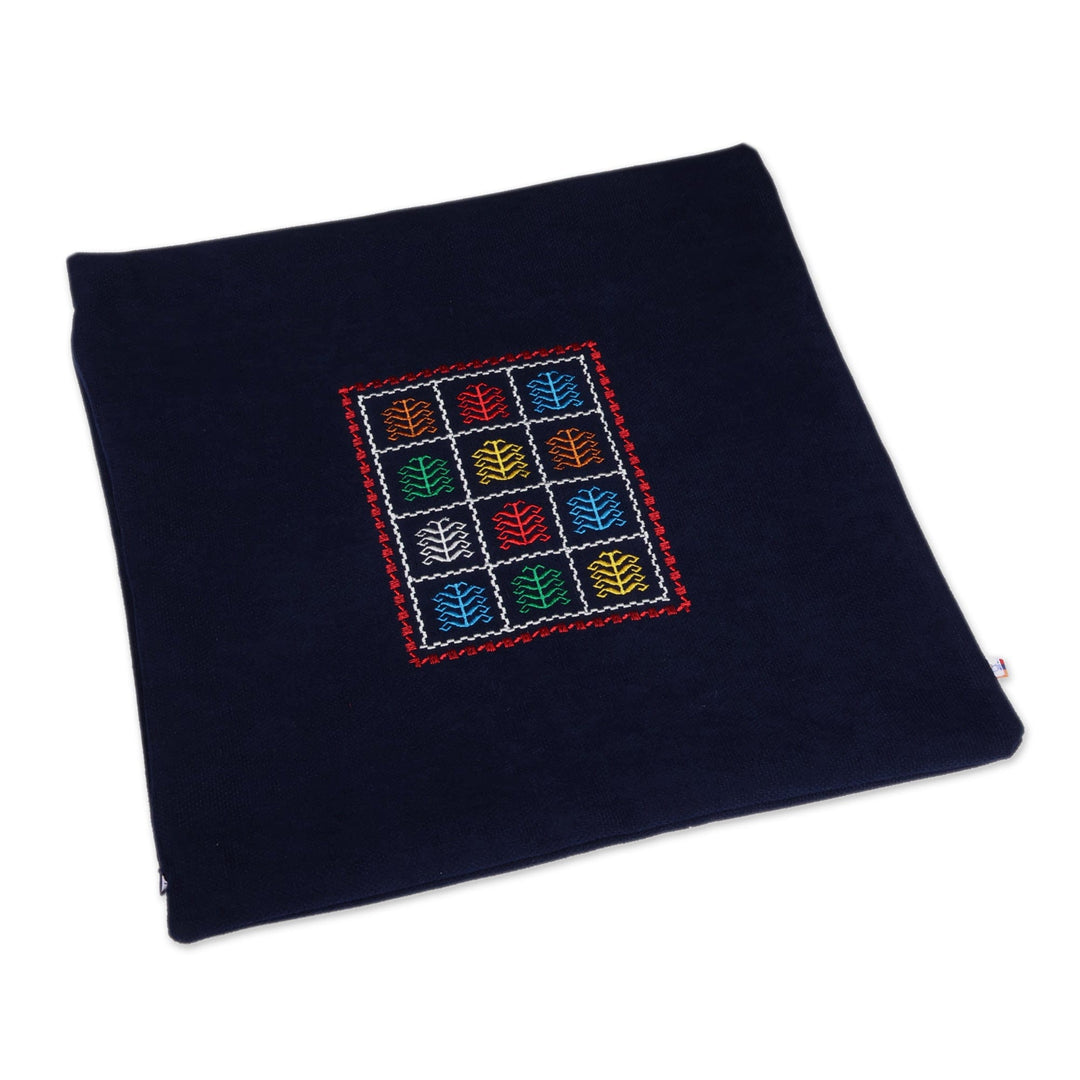 Tree-Themed Embroidered Acrylic Cushion Cover in Navy Blue - Mosaic Forest