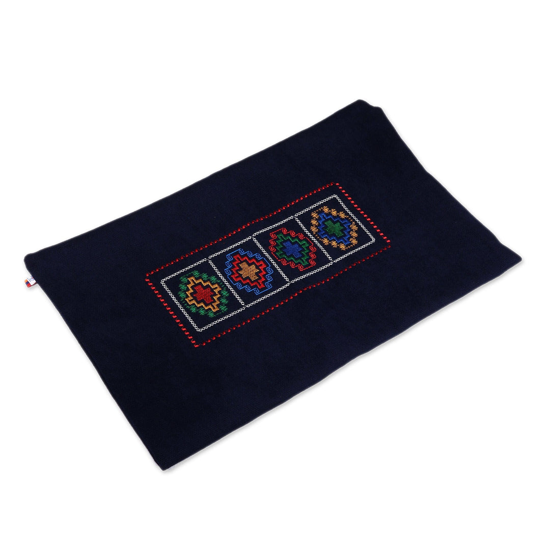 Cross-Themed Embroidered Navy Cushion Cover Made in Armenia - Navy Passage