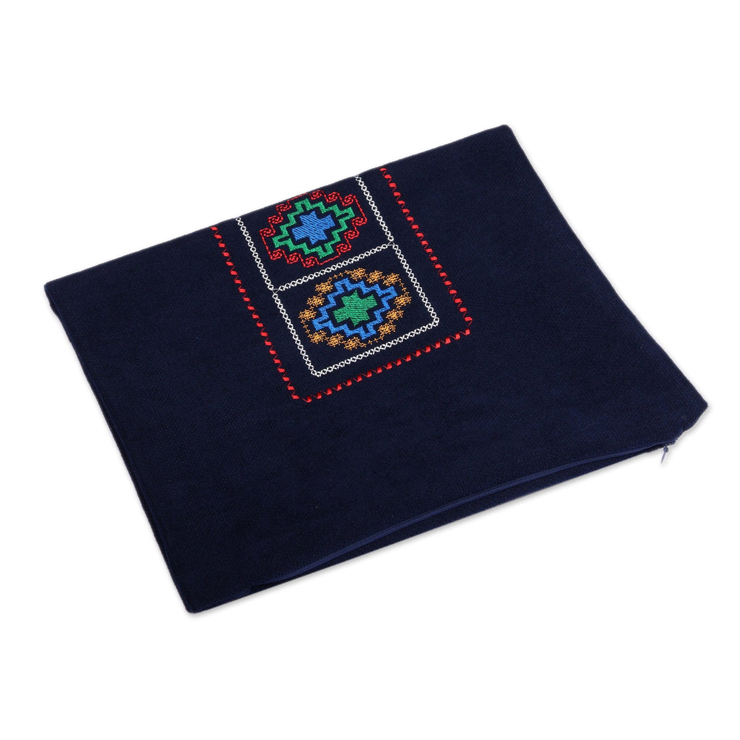 Cross-Themed Embroidered Navy Cushion Cover Made in Armenia - Navy Passage