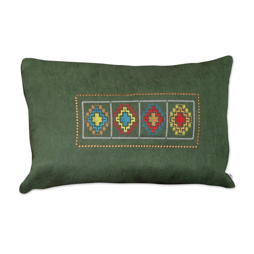 Folk Art Dark Green Cushion Cover with Embroidered Details - Green Passage