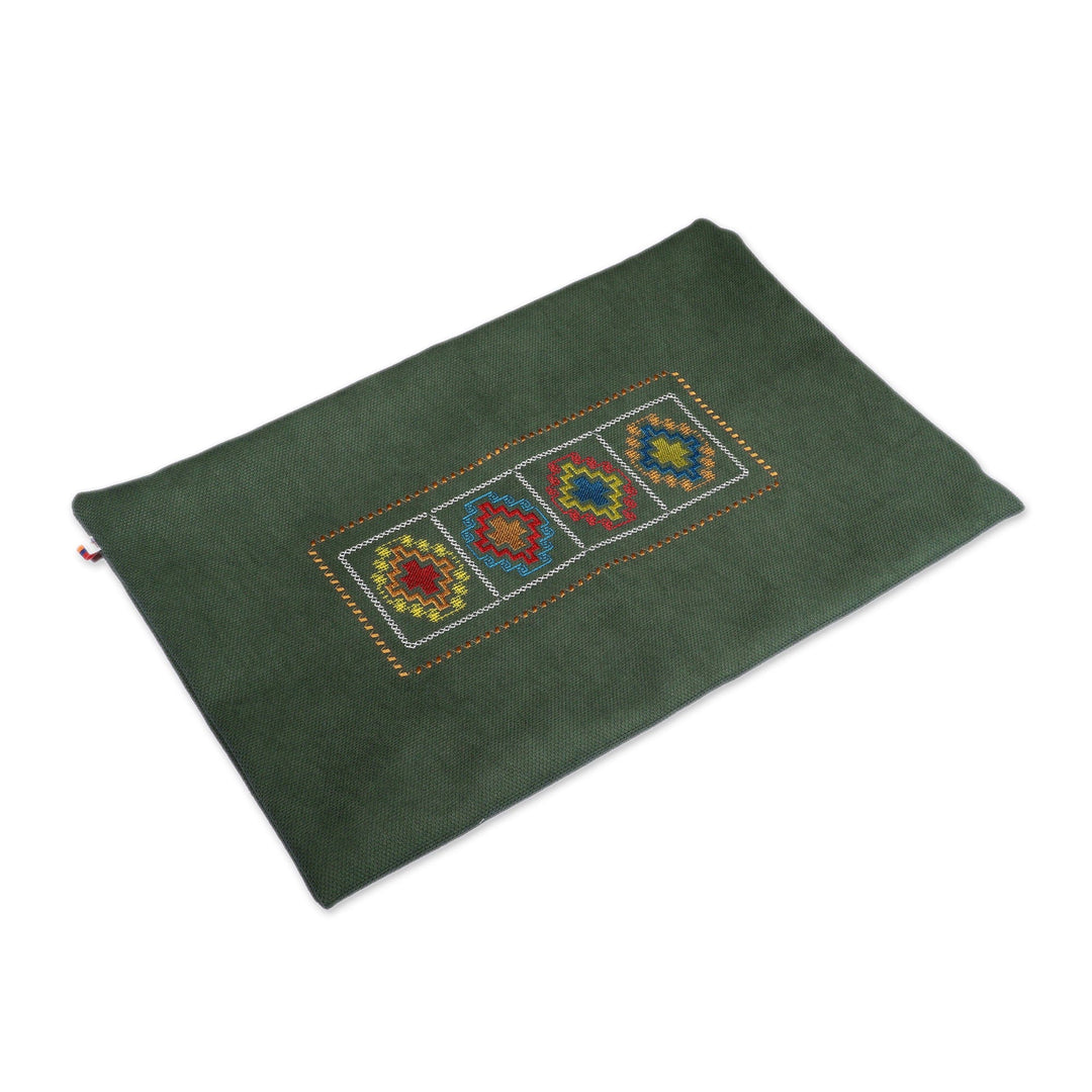 Folk Art Dark Green Cushion Cover with Embroidered Details - Green Passage