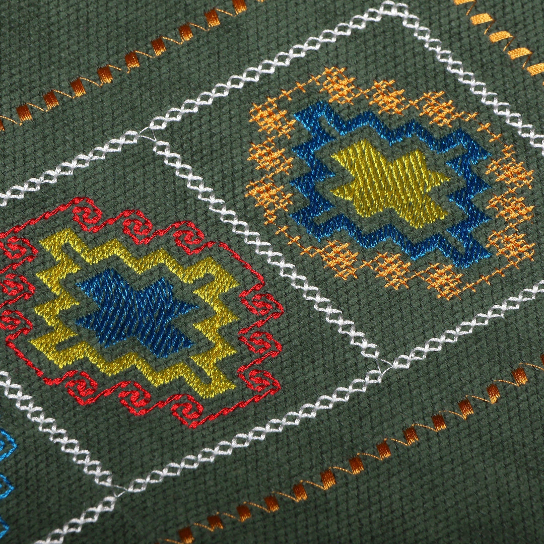Folk Art Dark Green Cushion Cover with Embroidered Details - Green Passage