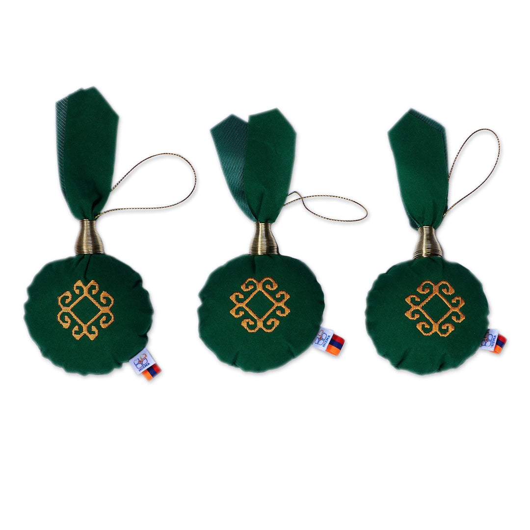 Classic 3-Piece Embroidered Golden and Green Ornament Set - Green Celebrations