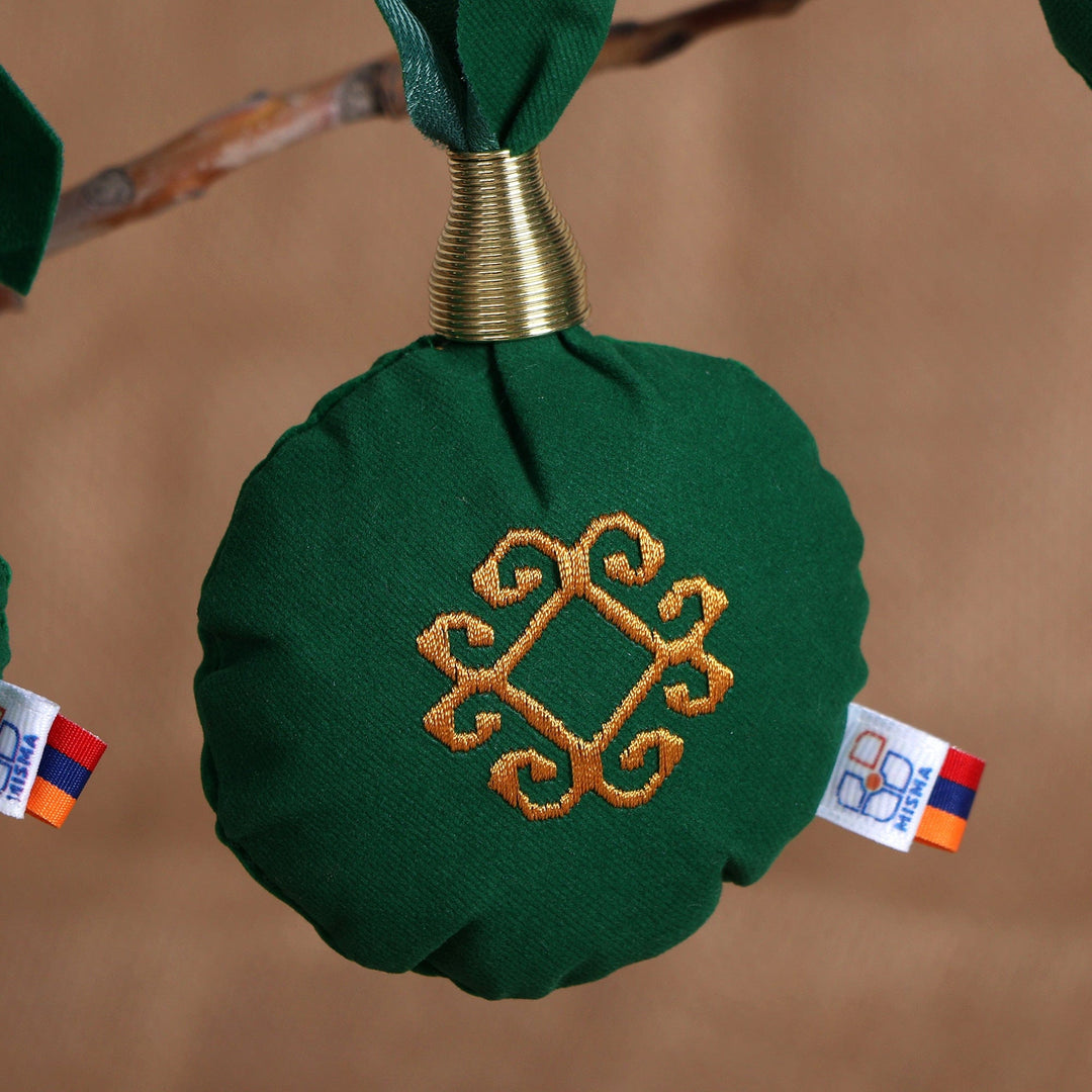 Classic 3-Piece Embroidered Golden and Green Ornament Set - Green Celebrations