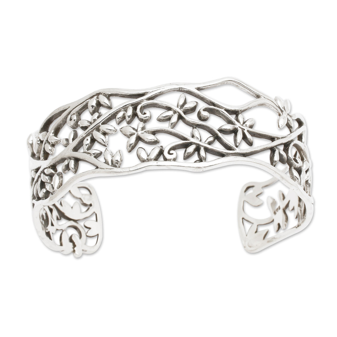 Oriental Spring-Themed Floral Sterling Silver Cuff Bracelet - Orient Bloom