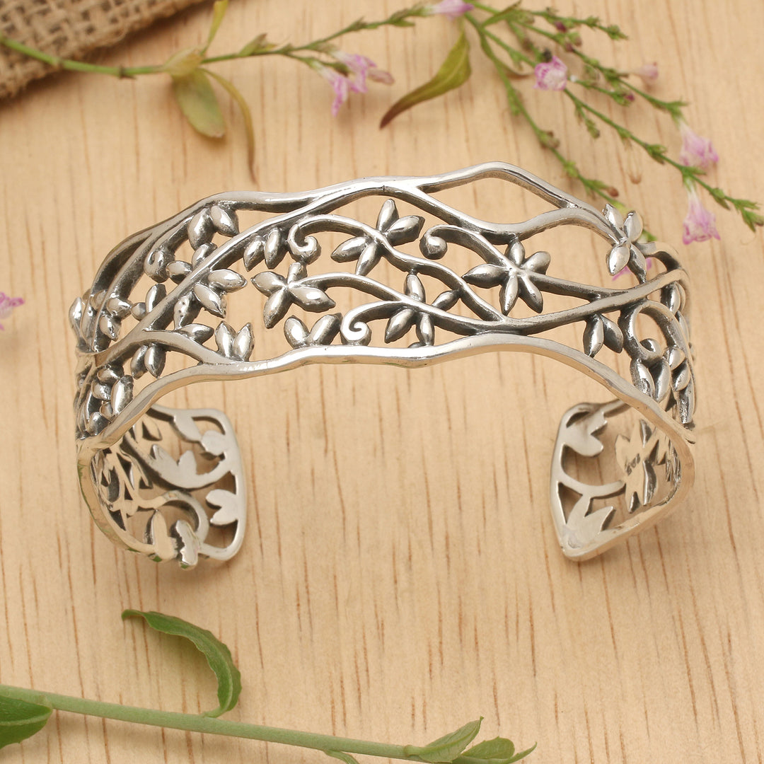 Oriental Spring-Themed Floral Sterling Silver Cuff Bracelet - Orient Bloom
