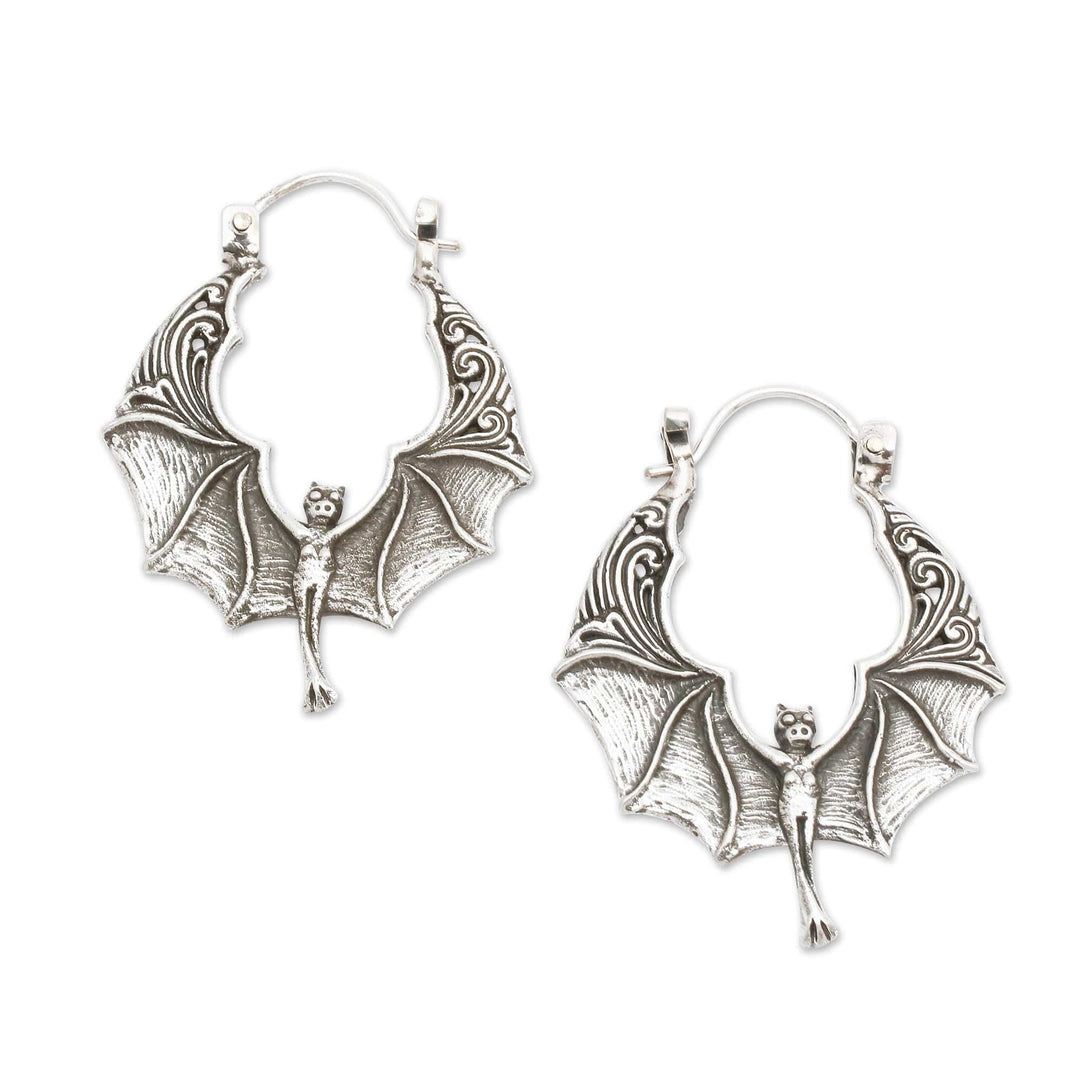Balinese Handmade Bat-Shaped Sterling Silver Hoop Earrings - Nocturnal Puissance