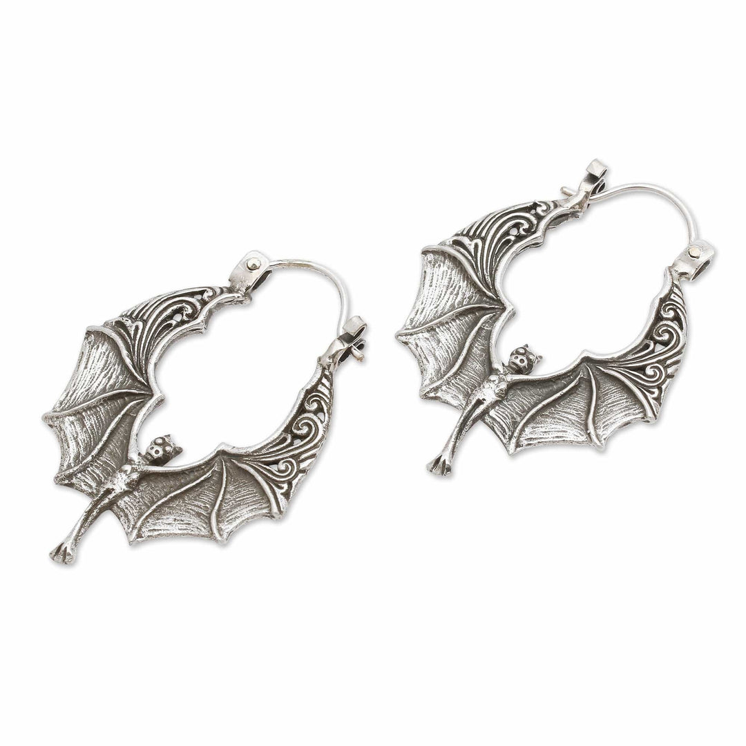 Balinese Handmade Bat-Shaped Sterling Silver Hoop Earrings - Nocturnal Puissance