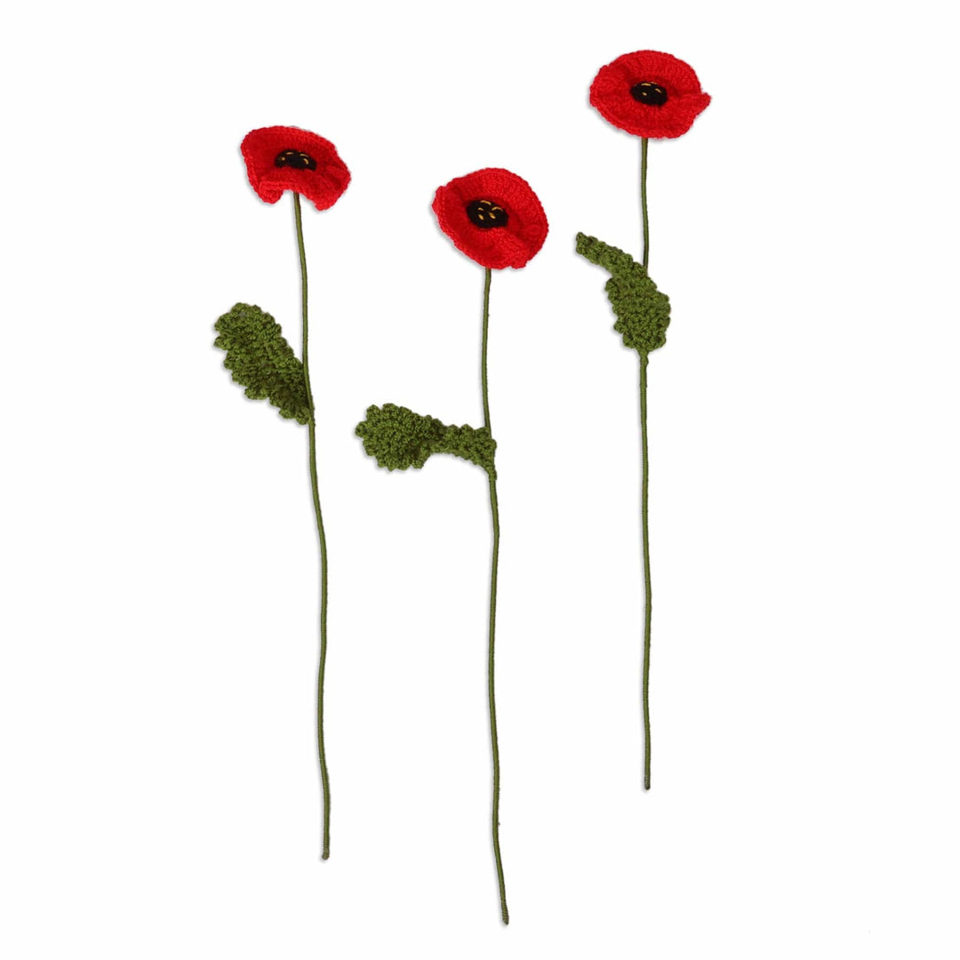 Floral Poppy-Themed Crocheted 3-Piece Home Accent Set in Red - Poppy Spring
