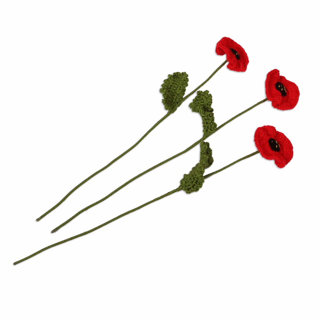 Floral Poppy-Themed Crocheted 3-Piece Home Accent Set in Red - Poppy Spring