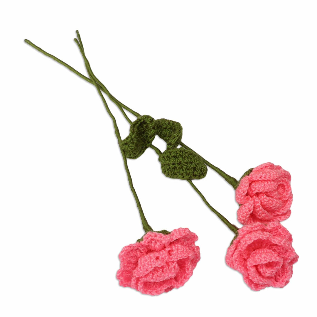 Artisan-Crafted Crocheted 3-Piece Pink Rose Home Accent Set - Pink Rose Spring