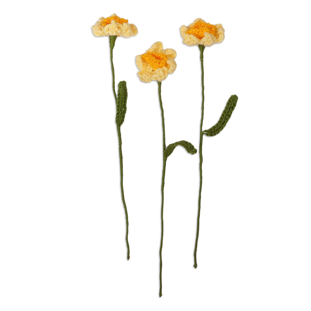 Armenian-Made Set of 3 Knit Daffodil-Shaped Home Accents - Daffodil Spring