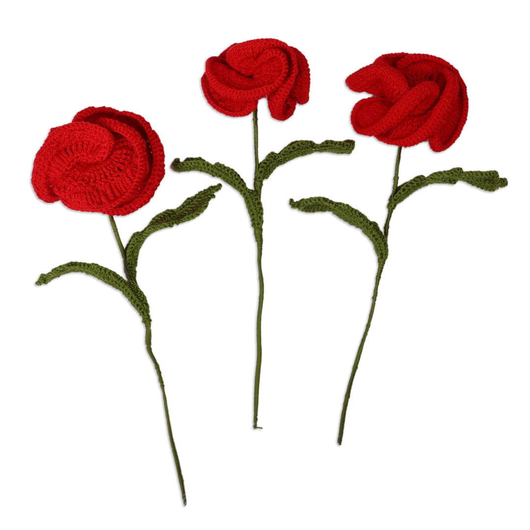 Handmade Crocheted Red Poppy-Themed 3-Piece Home Accent Set - Poppy Nature