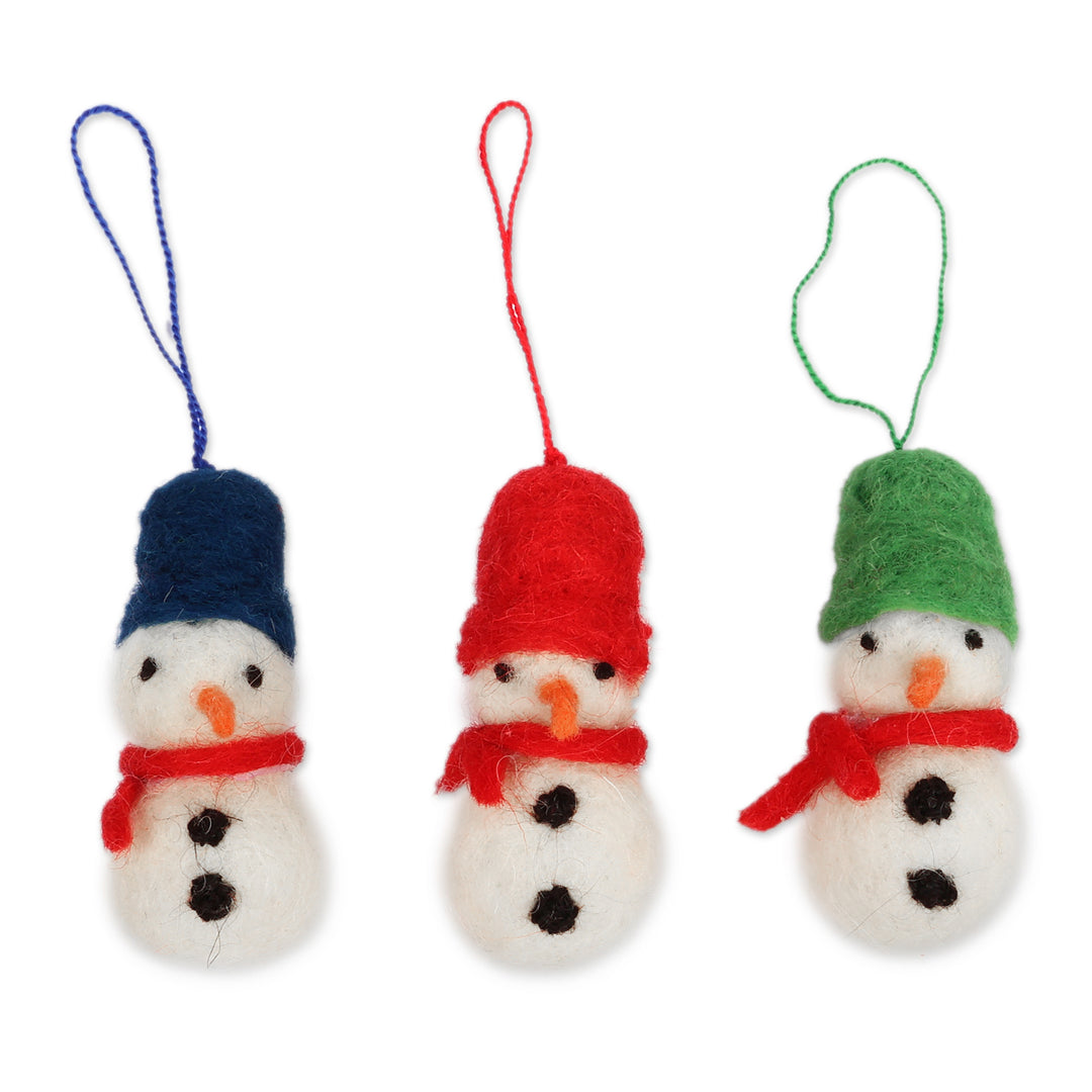 Snowman-Themed Handcrafted 3-Piece Wool Felt Ornament Set - Snowman Colors