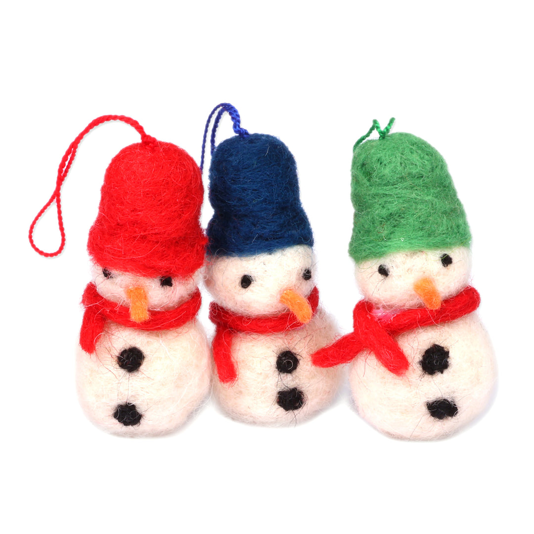Snowman-Themed Handcrafted 3-Piece Wool Felt Ornament Set - Snowman Colors
