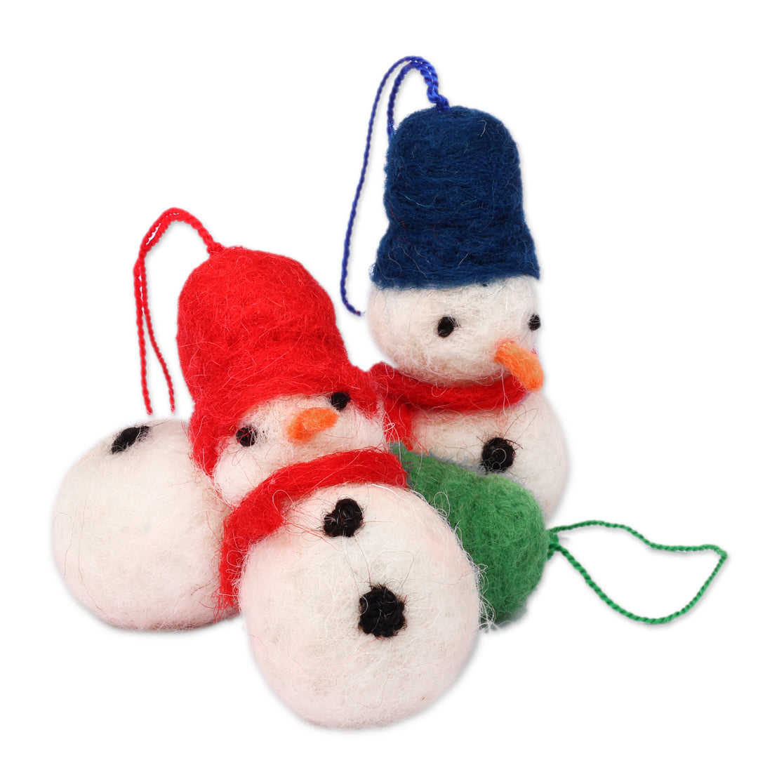 Snowman-Themed Handcrafted 3-Piece Wool Felt Ornament Set - Snowman Colors