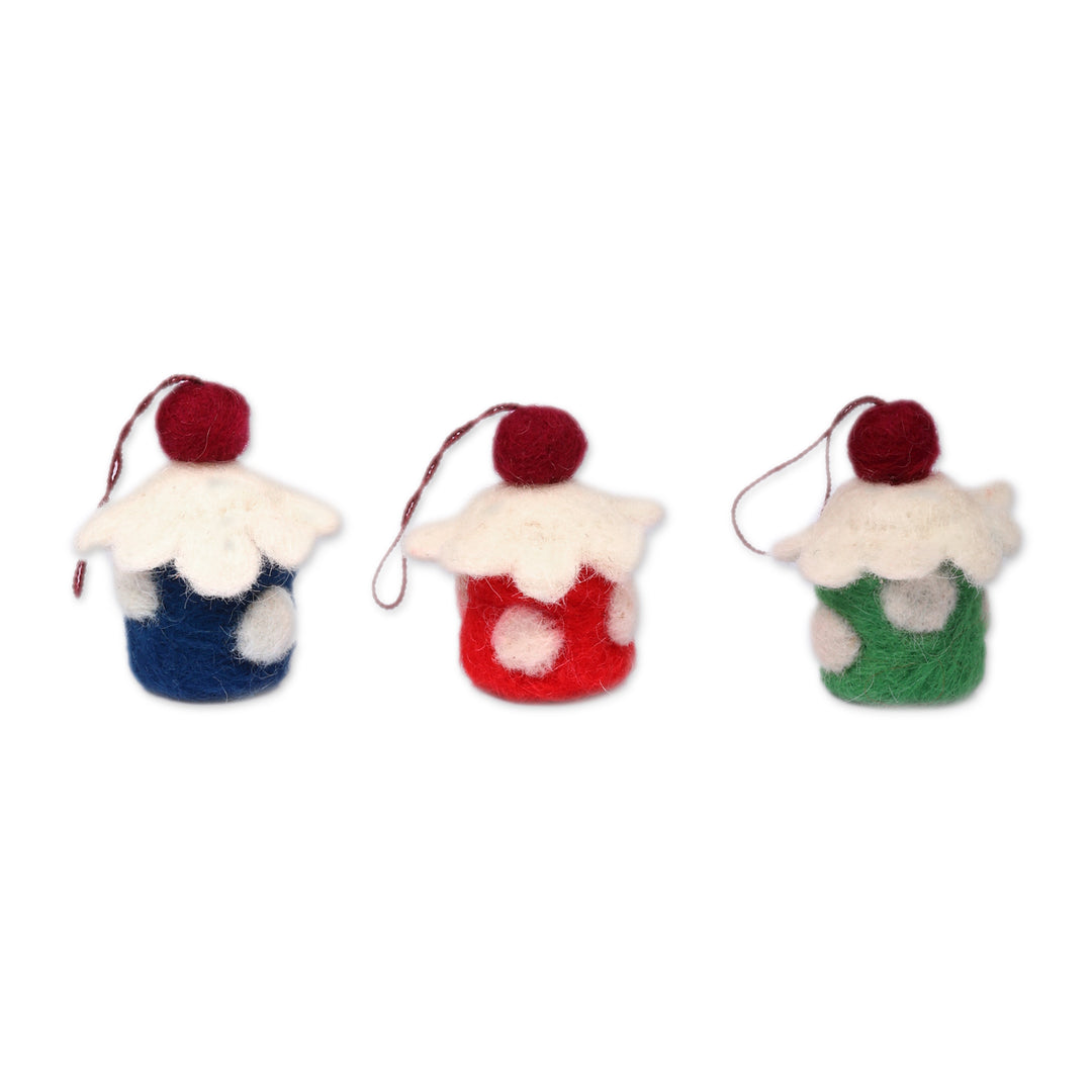 Artisan-Made Cupcake-Shaped 3-Piece Wool Felt Ornament Set - Cupcake Colors